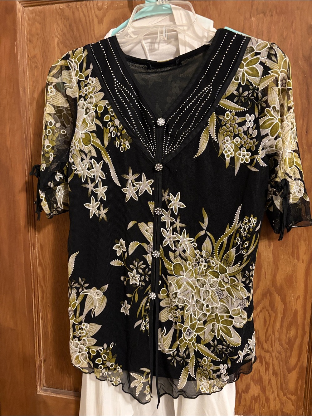 Black Floral V-Neck Short Sleeve Embellished Blouse
